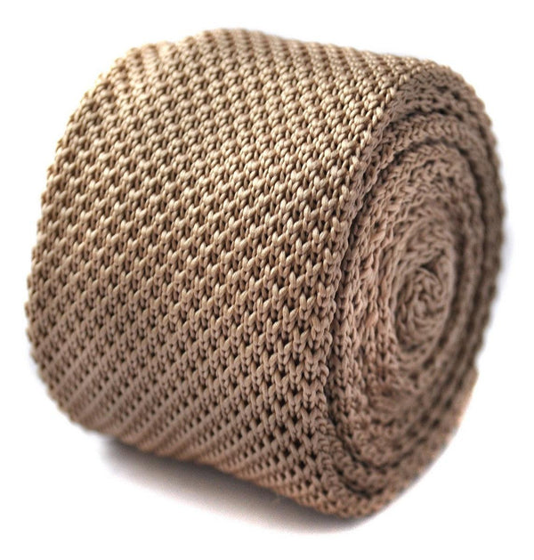 plain caramel beige skinny knitted tie with pointed end